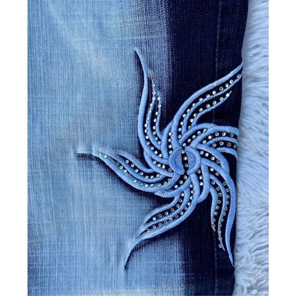 Y2K Vintage Blue Queen SZ 3/4 Dark Wash Factory Faded Bling Jeans - Picture 5 of 12